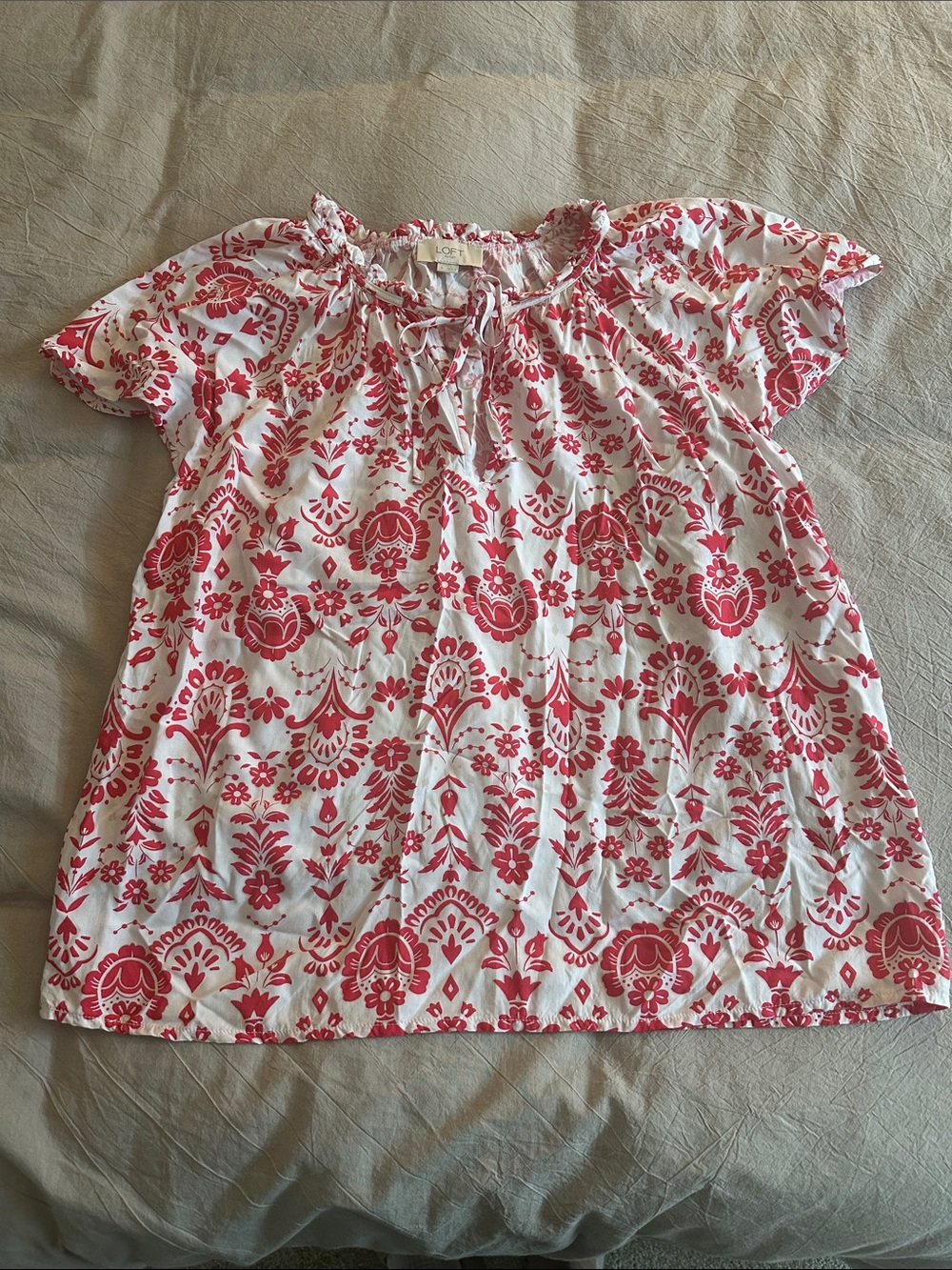 LOFT White and Red Floral Tie-Front Blouse